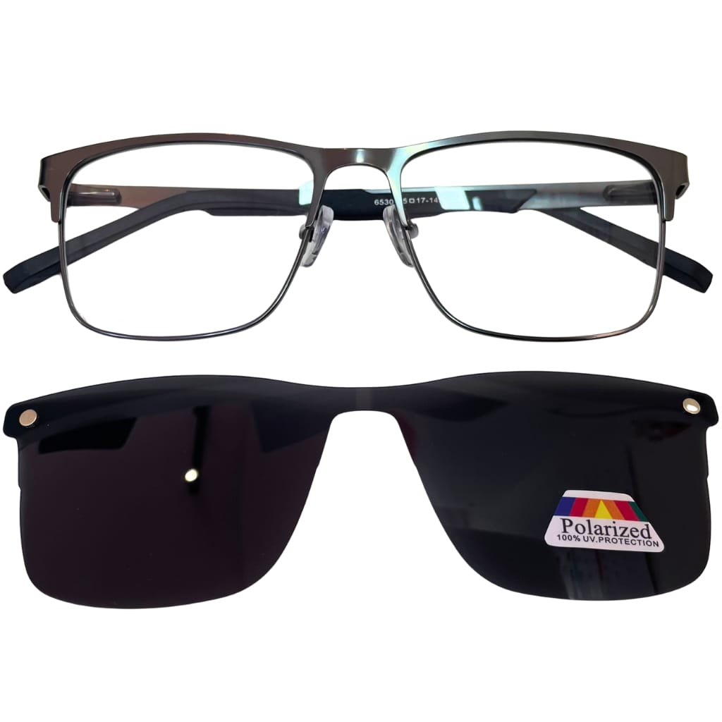 Armação Center Eyewear Masculina Retangular Azul e Preto – Metal Premium com Clip-On Solar Polarizado (Modelo 6530)